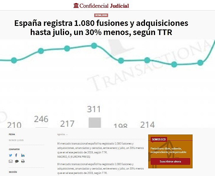 Espaa registra 1.080 fusiones y adquisiciones hasta julio, un 30% menos, segn TTR